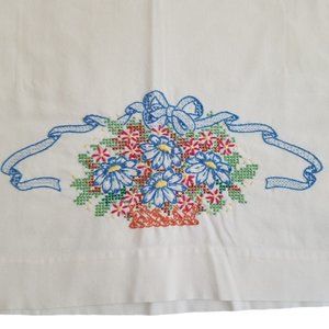 Vintage Floral Basket With Ribbon Hand Embroidered Standard Pillowcase